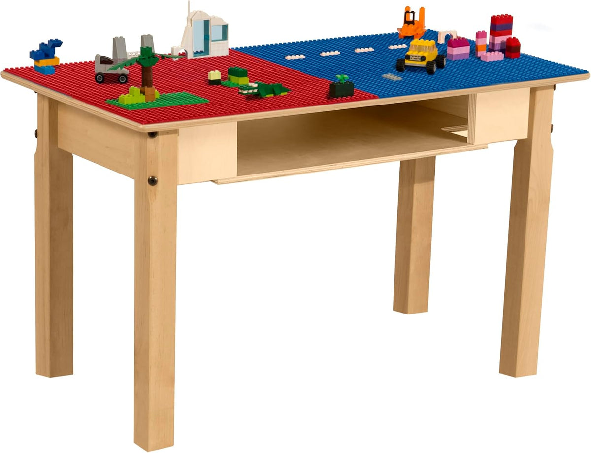 Rectangle Time-2-Play Table with a shelf, along with 18" legs and a LEGO® Compatible Grid of RED/BLUE Color