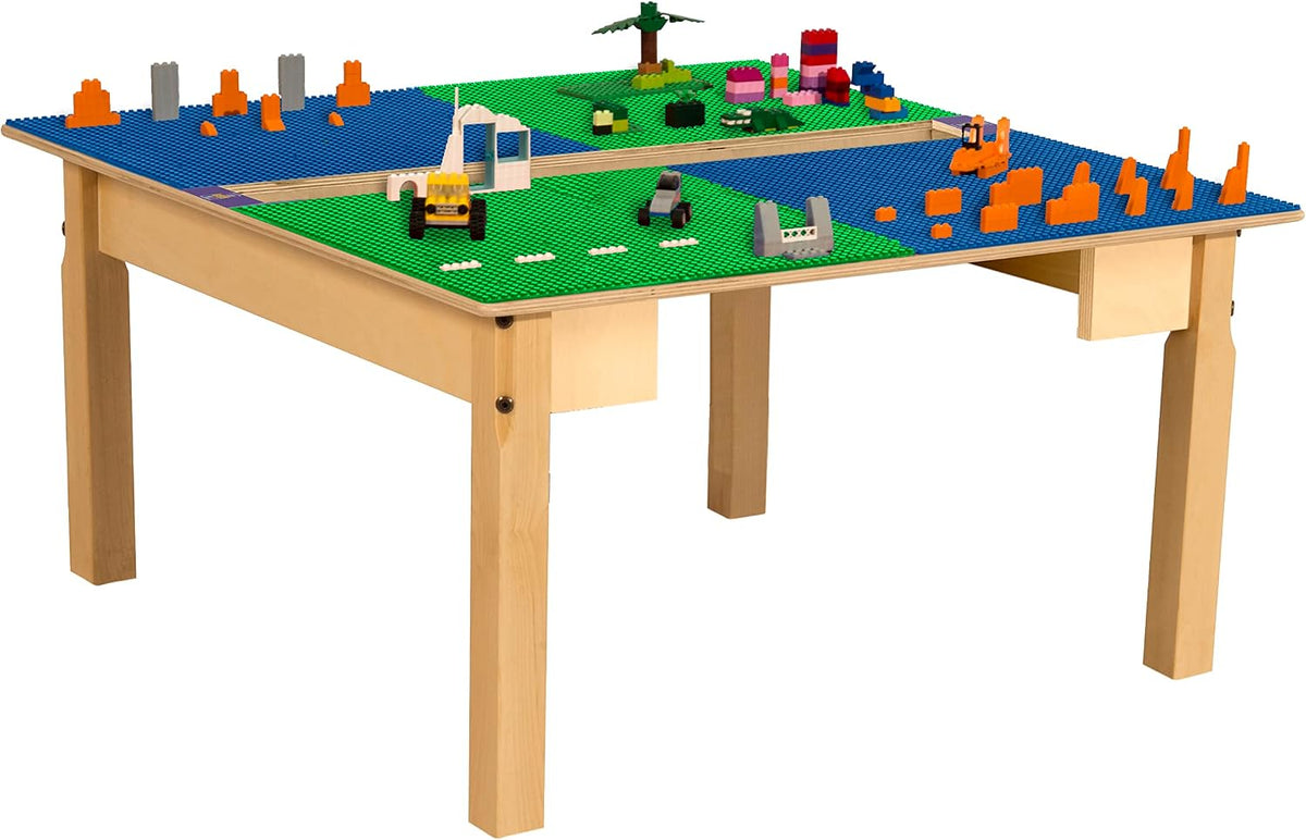 Square Time-2-Play Table with a trough, along with 16" legs and a LEGO® Compatible Grid of BLUE/GREEN Color
