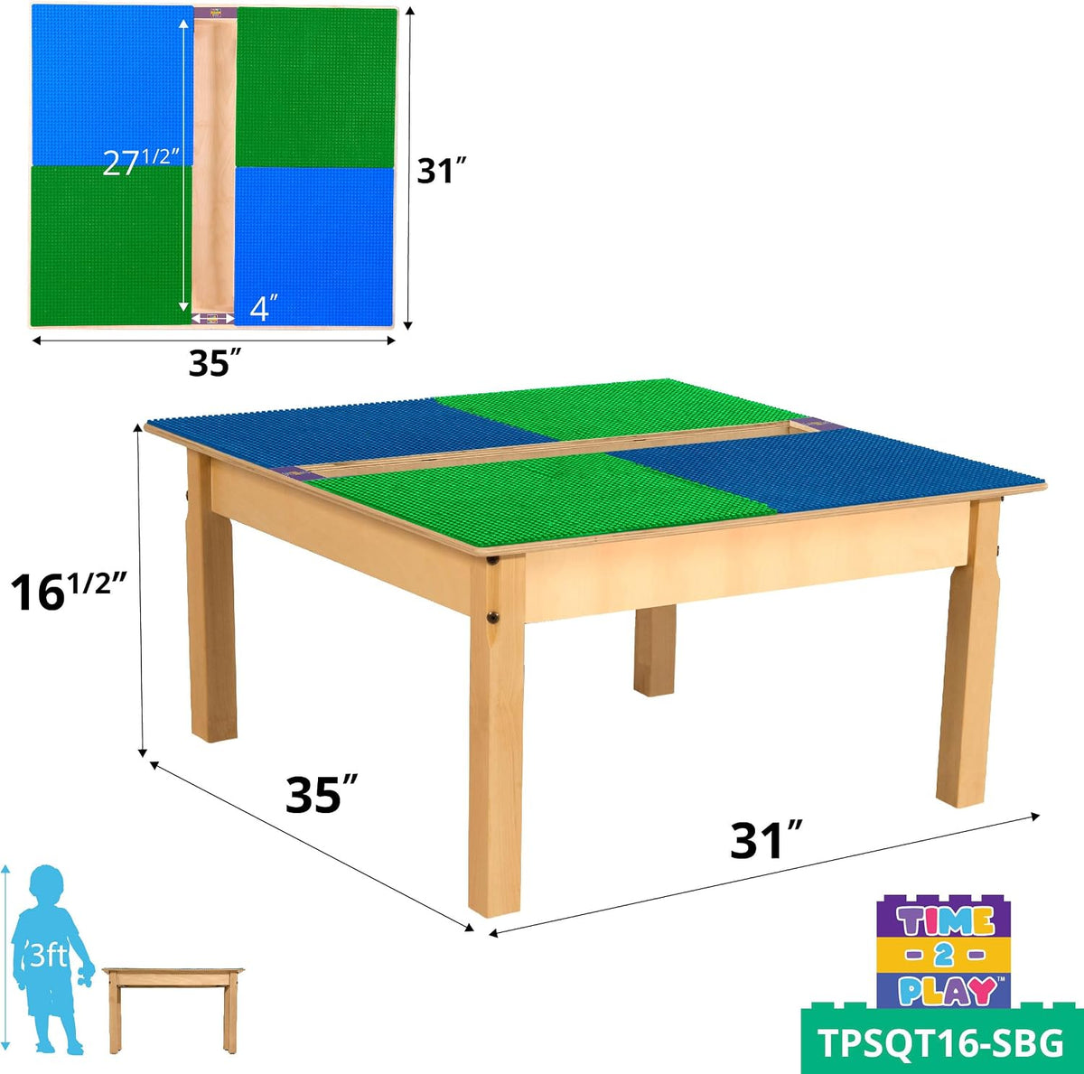 Square Time-2-Play Table with a trough, along with 16" legs and a DUPLO® Compatible Grid of BLUE/GREEN Color