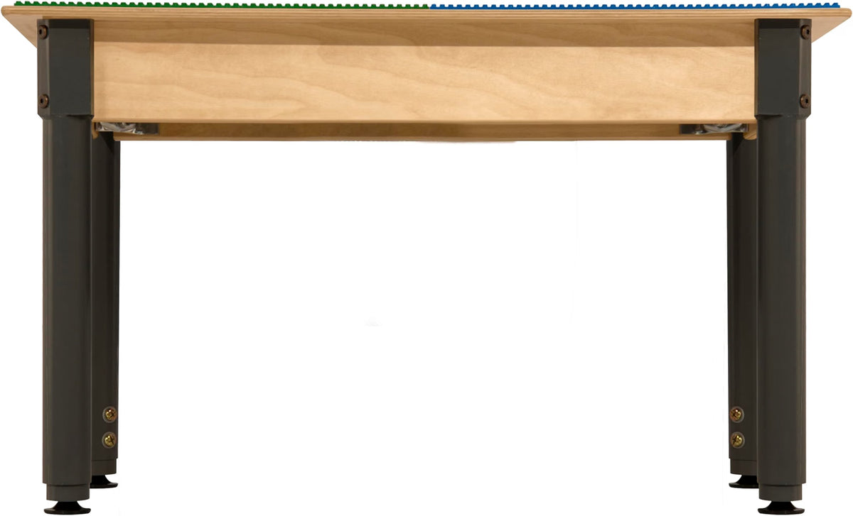 Square Time-2-Play Table with a trough and shelf, along with adjustable 18"-29" legs and a LEGO® Compatible Grid of BLUE/GREEN Color