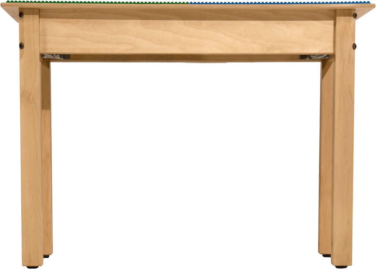 Square Time-2-Play Table with a trough and shelf, along with 18" legs and a LEGO® Compatible Grid of BLUE/GREEN Color