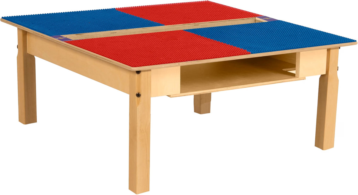 Square Time-2-Play Table with a trough and shelf, along with 14" legs and a LEGO® Compatible Grid of RED/BLUE Color