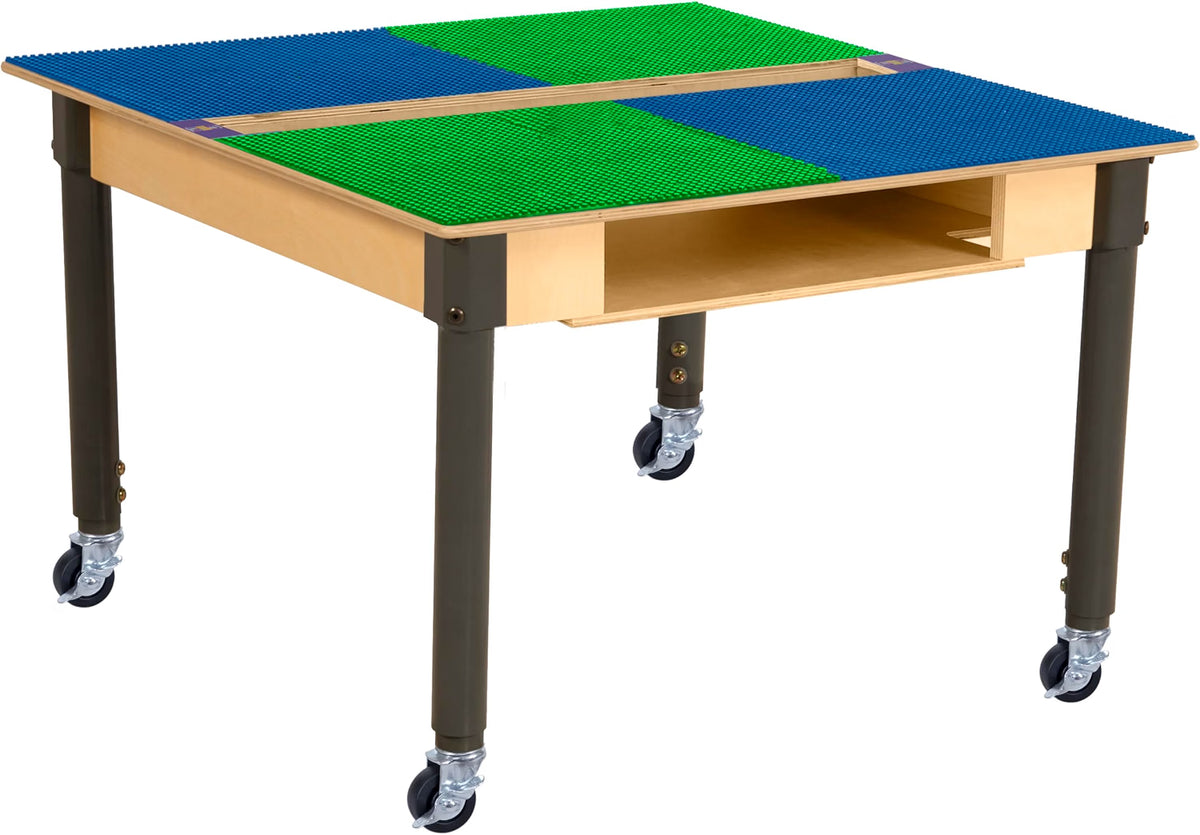 Square Time-2-Play Table with a trough and shelf, along with adjustable 18"-29" legs with locking casters and a LEGO® Compatible Grid of BLUE/GREEN Color