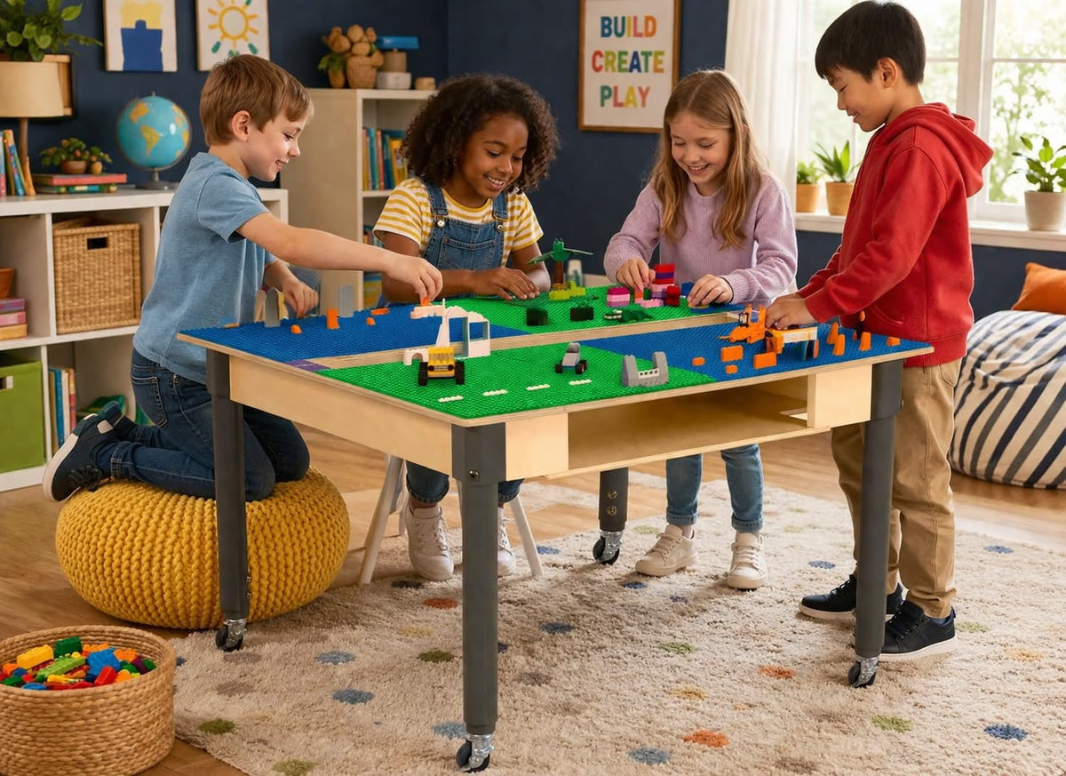 Square Time-2-Play Table with a trough and shelf, along with adjustable 18"-29" legs with locking casters and a LEGO® Compatible Grid of BLUE/GREEN Color