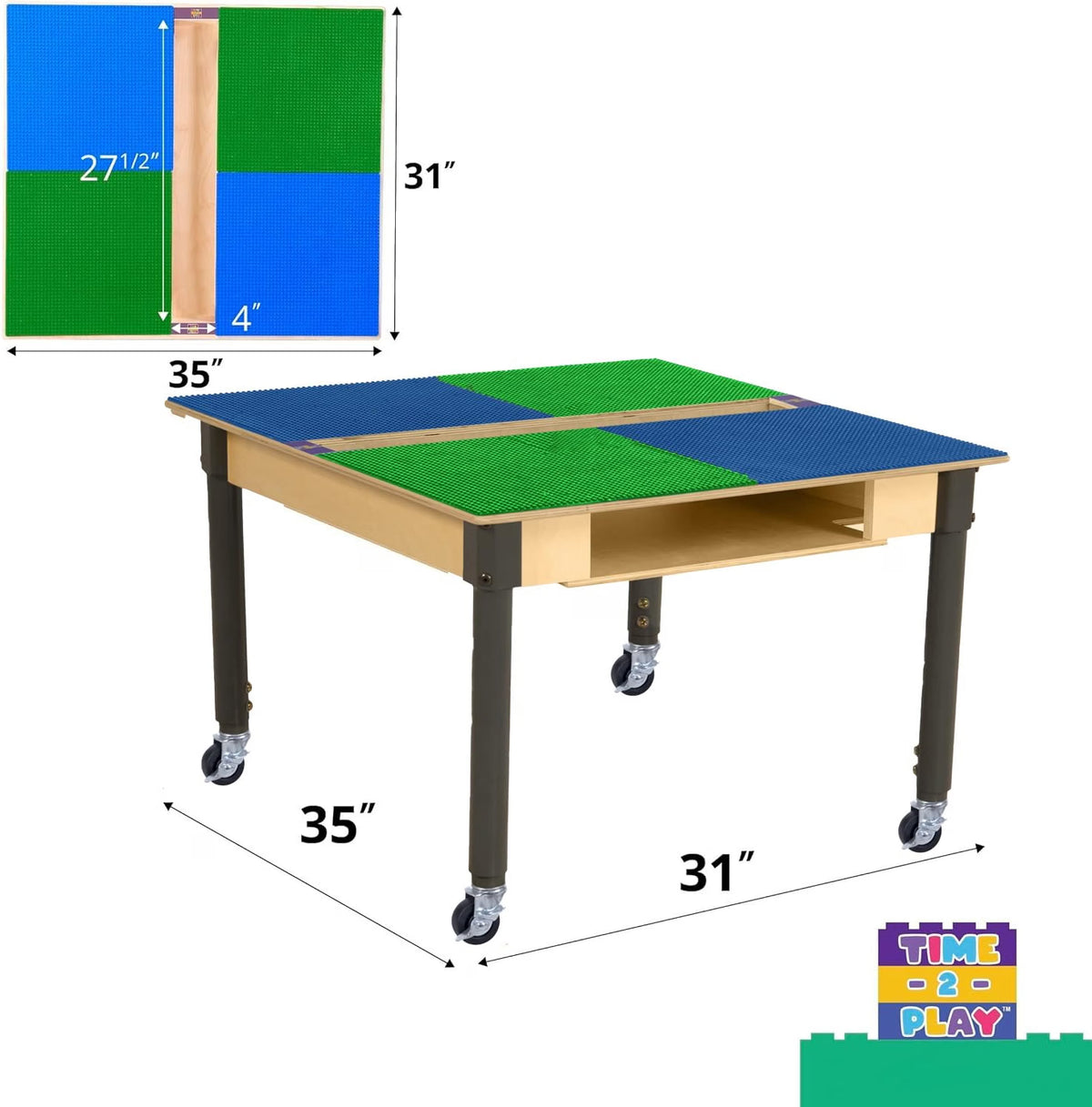 Square Time-2-Play Table with a trough and shelf, along with adjustable 18"-29" legs with locking casters and a LEGO® Compatible Grid of BLUE/GREEN Color
