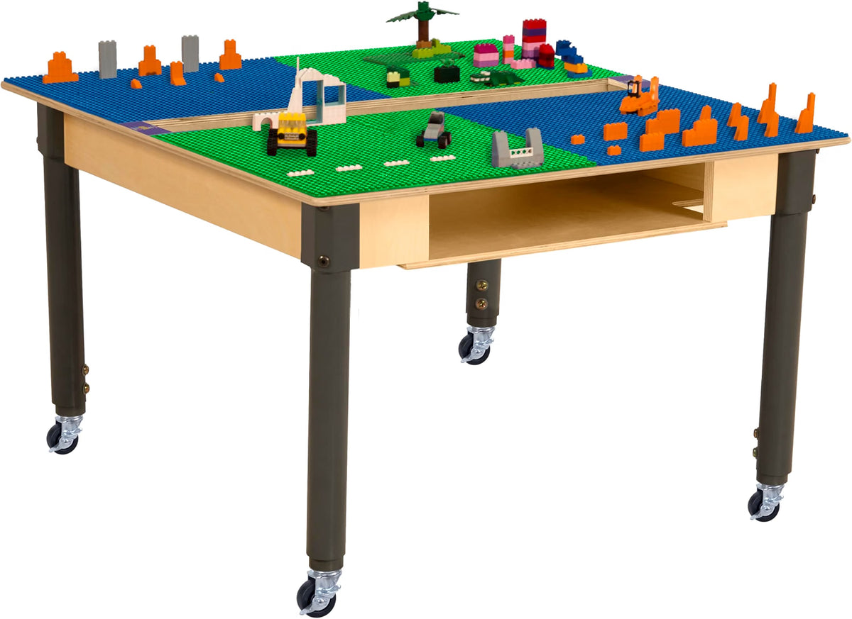 Square Time-2-Play Table with a trough and shelf, along with adjustable 18"-29" legs with locking casters and a LEGO® Compatible Grid of BLUE/GREEN Color