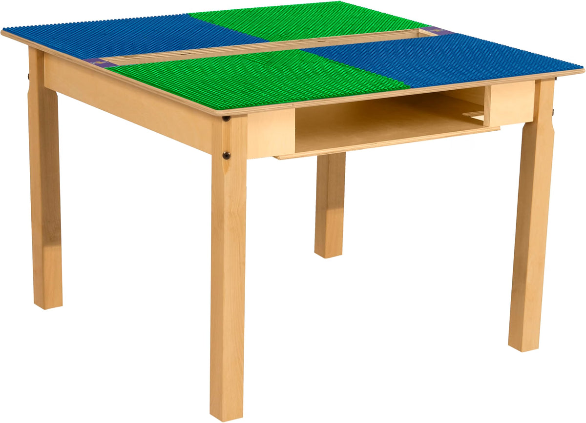 Square Time-2-Play Table with a trough and shelf, along with 22" legs and a LEGO® Compatible Grid of BLUE/GREEN Color