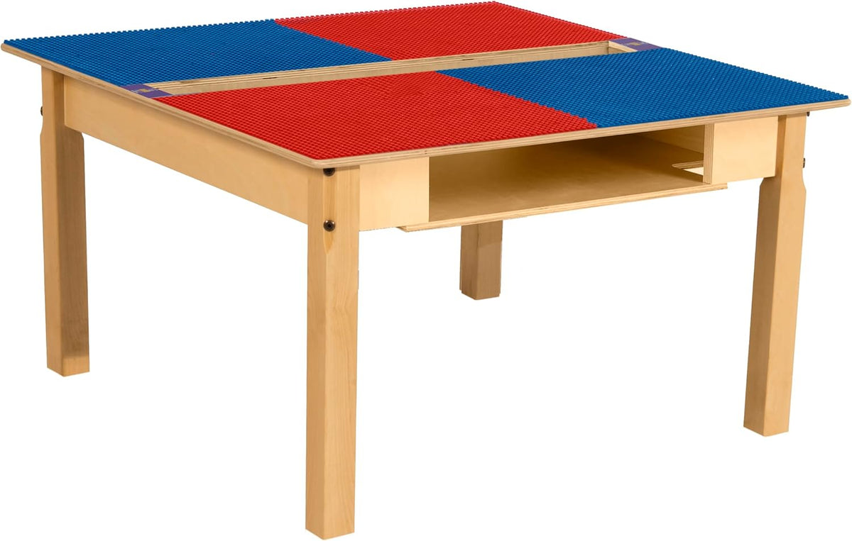Square Time-2-Play Table with a trough and shelf, along with 18" legs and a LEGO® Compatible Grid of RED/BLUE Color