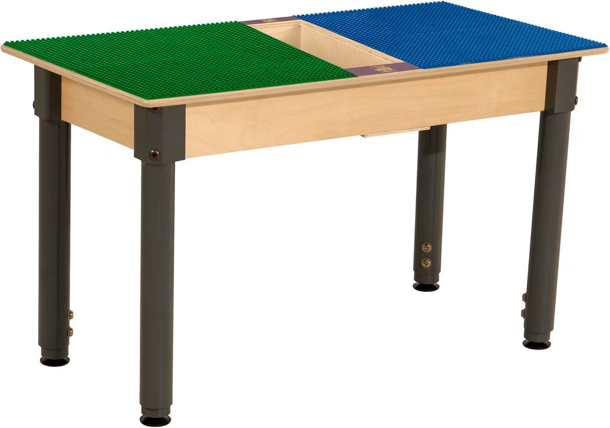 Rectangle Time-2-Play Table with a trough, along with adjustable 18"-29" legs and a LEGO® Compatible Grid of BLUE/GREEN Color