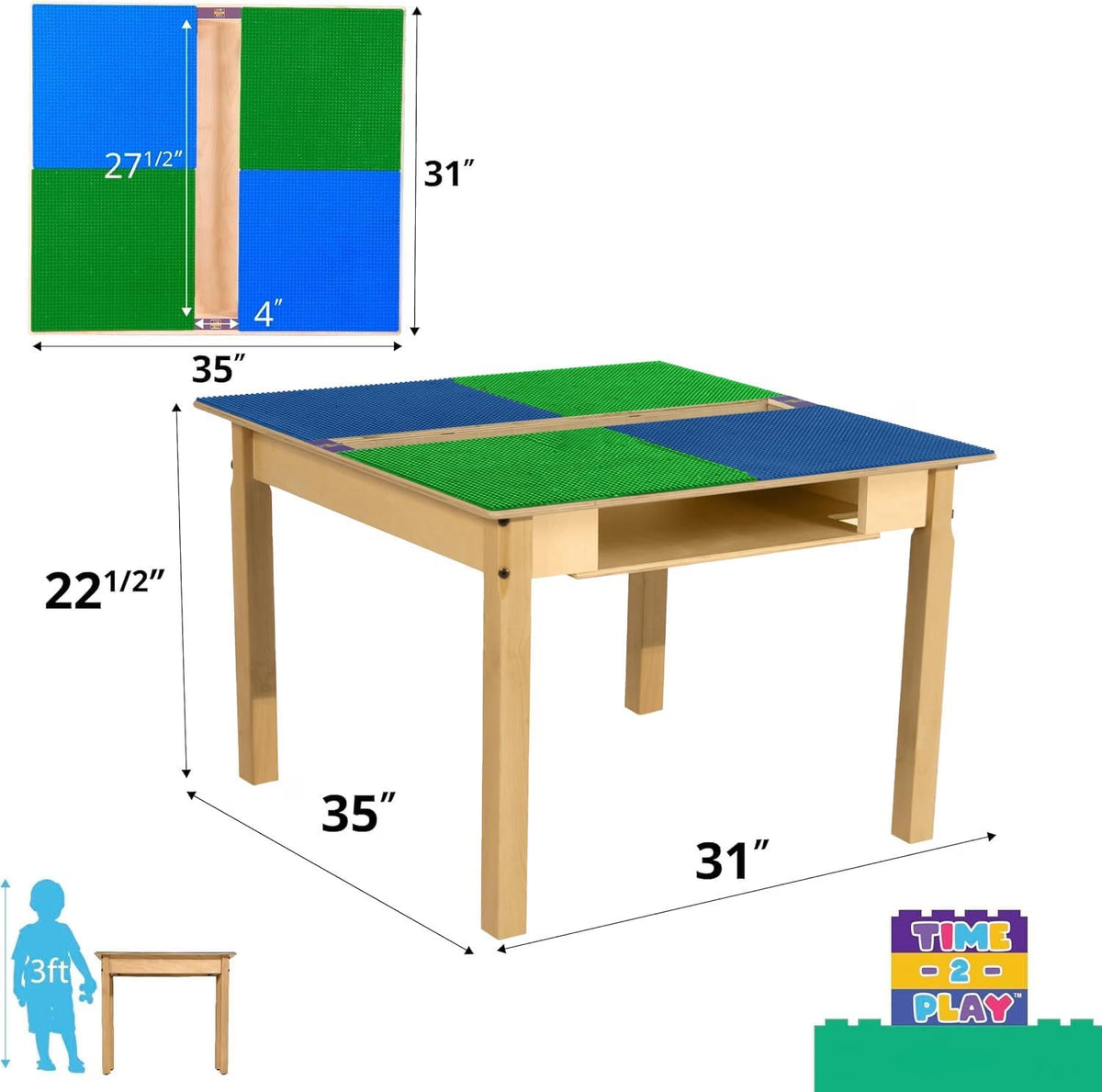 Square Time-2-Play Table with a trough and shelf, along with 22" legs and a LEGO® Compatible Grid of BLUE/GREEN Color