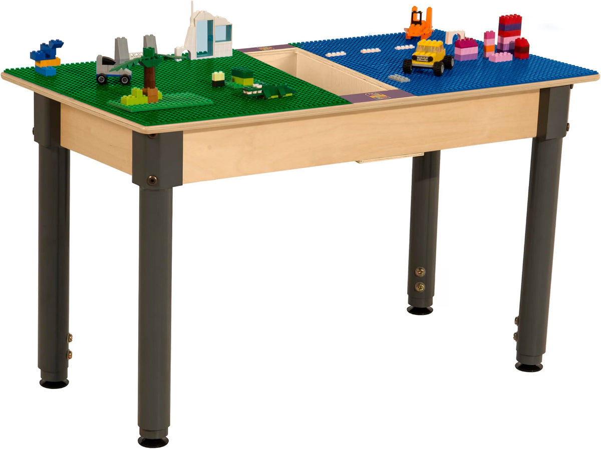 Rectangle Time-2-Play Table with a trough, along with adjustable 18"-29" legs and a LEGO® Compatible Grid of BLUE/GREEN Color