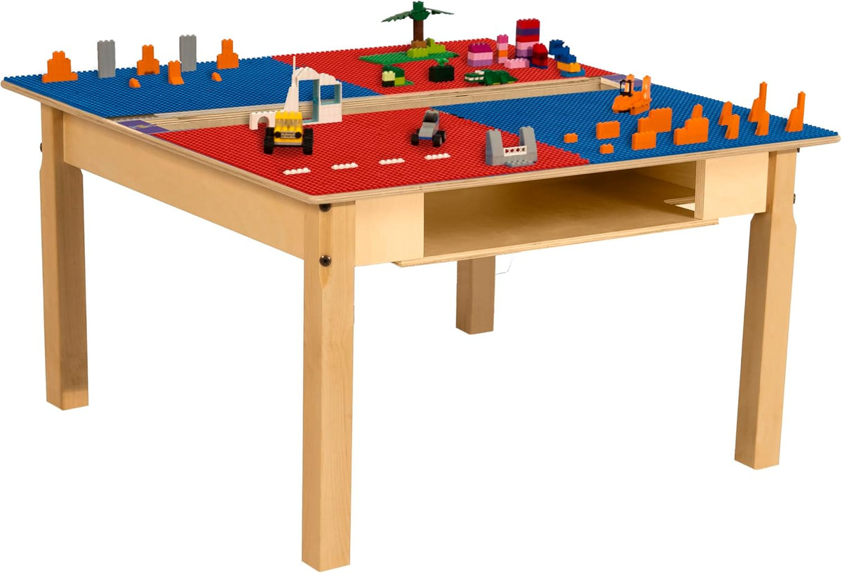 Square Time-2-Play Table with a trough and shelf, along with 18" legs and a LEGO® Compatible Grid of RED/BLUE Color
