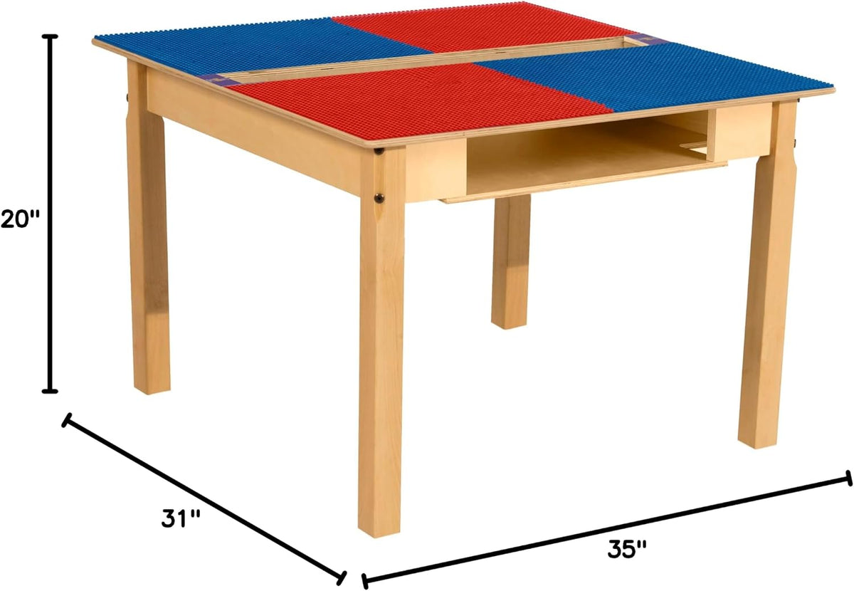 Square Time-2-Play Table with a trough and shelf, along with 20" legs and a LEGO® Compatible Grid of RED/BLUE Color